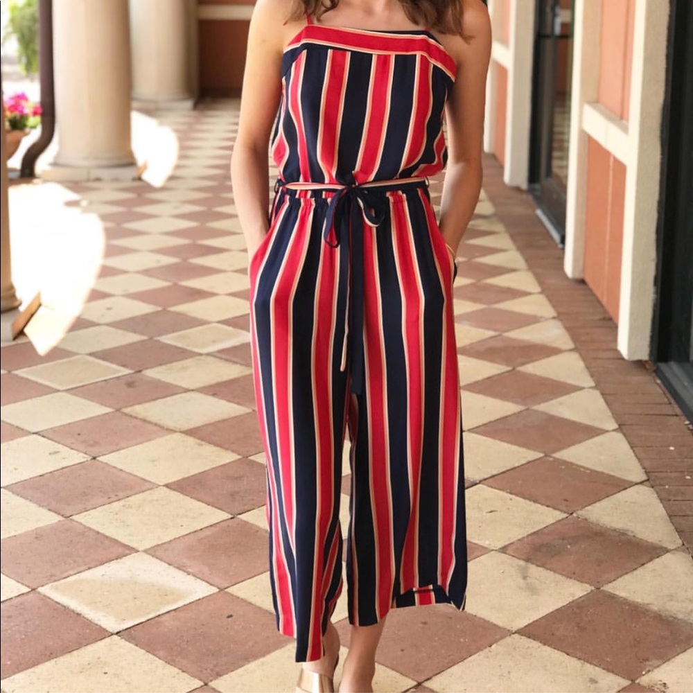 Veronica M striped Jumpsuit w/tie waist, pockets